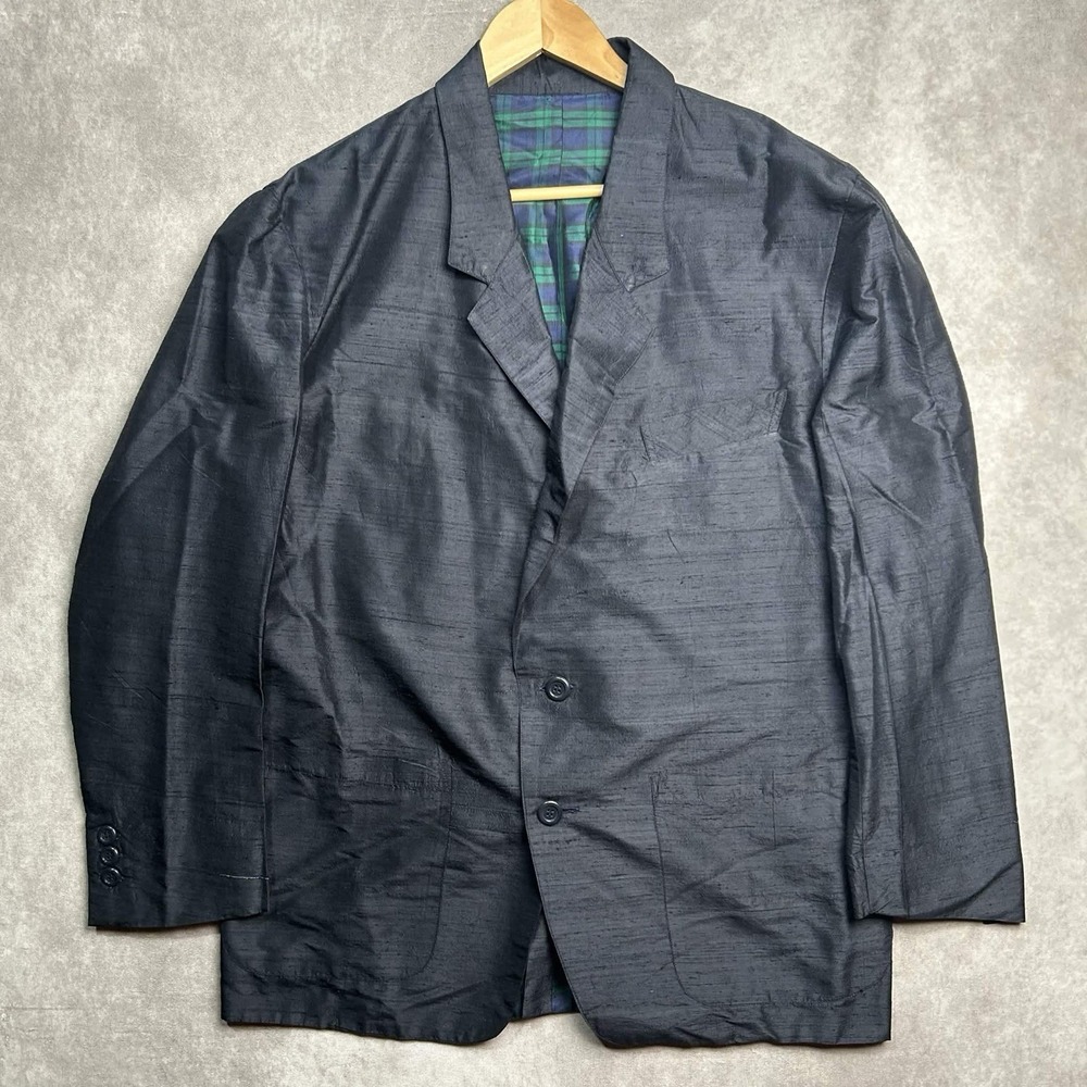 Boggi Milano 100% Silk Blazer 46R Navy Blue Sport Coat 2-Button Plaid Lined RARE